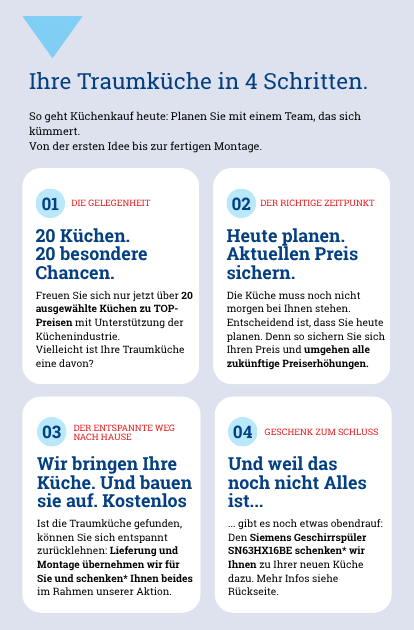Ihre Traumküche in 4 Schritten. So geht Küchenkauf heute: Planen Sie mit einem Team, das sich kümmert. Von der ersten Idee bis zur fertigen Montage.