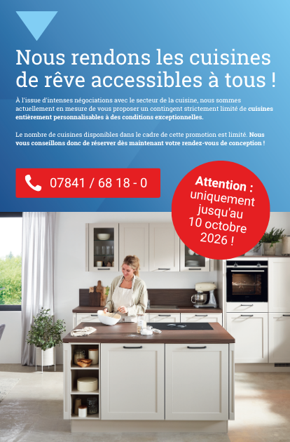 Vente promotionnelle de cuisines chez MEGA Küchen à Achern : dépêchez-vous de profiter de conditions exceptionnelles jusqu'au 10 octobre 2026. Prenez rendez-vous ici pour un entretien-conseil !